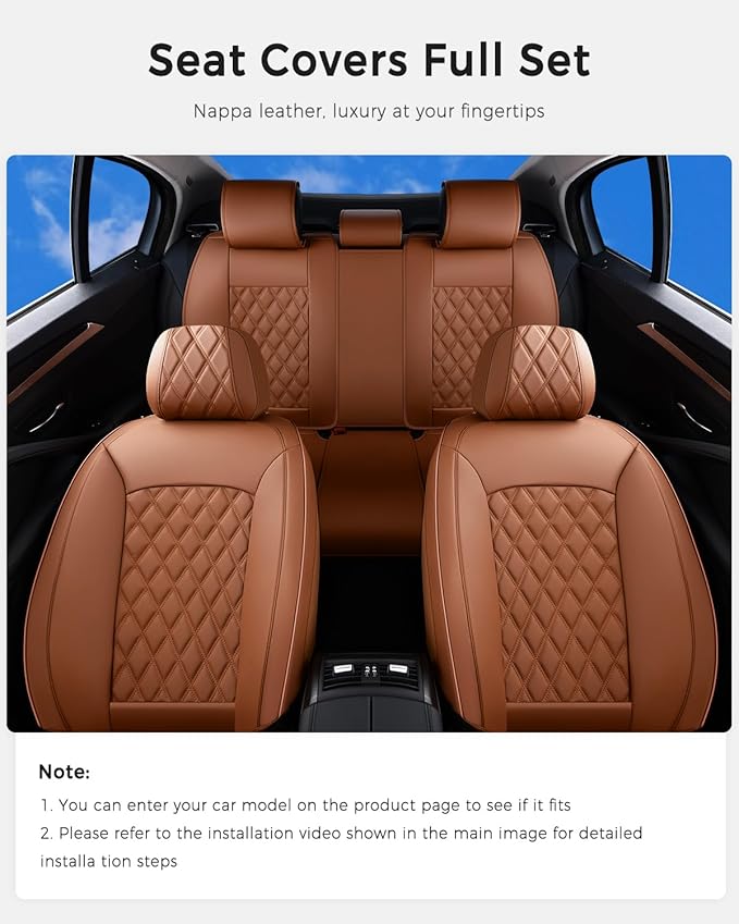 Huidasource Brown Seat Covers, Nappa Leather Car Seat Covers, Velcro Adjustable, Compatible with Airbags, Armrests, Child Seat, Seat Belts, Fit for Most Cars, Vans, Trucks, SUVs (Full Set/Brown)