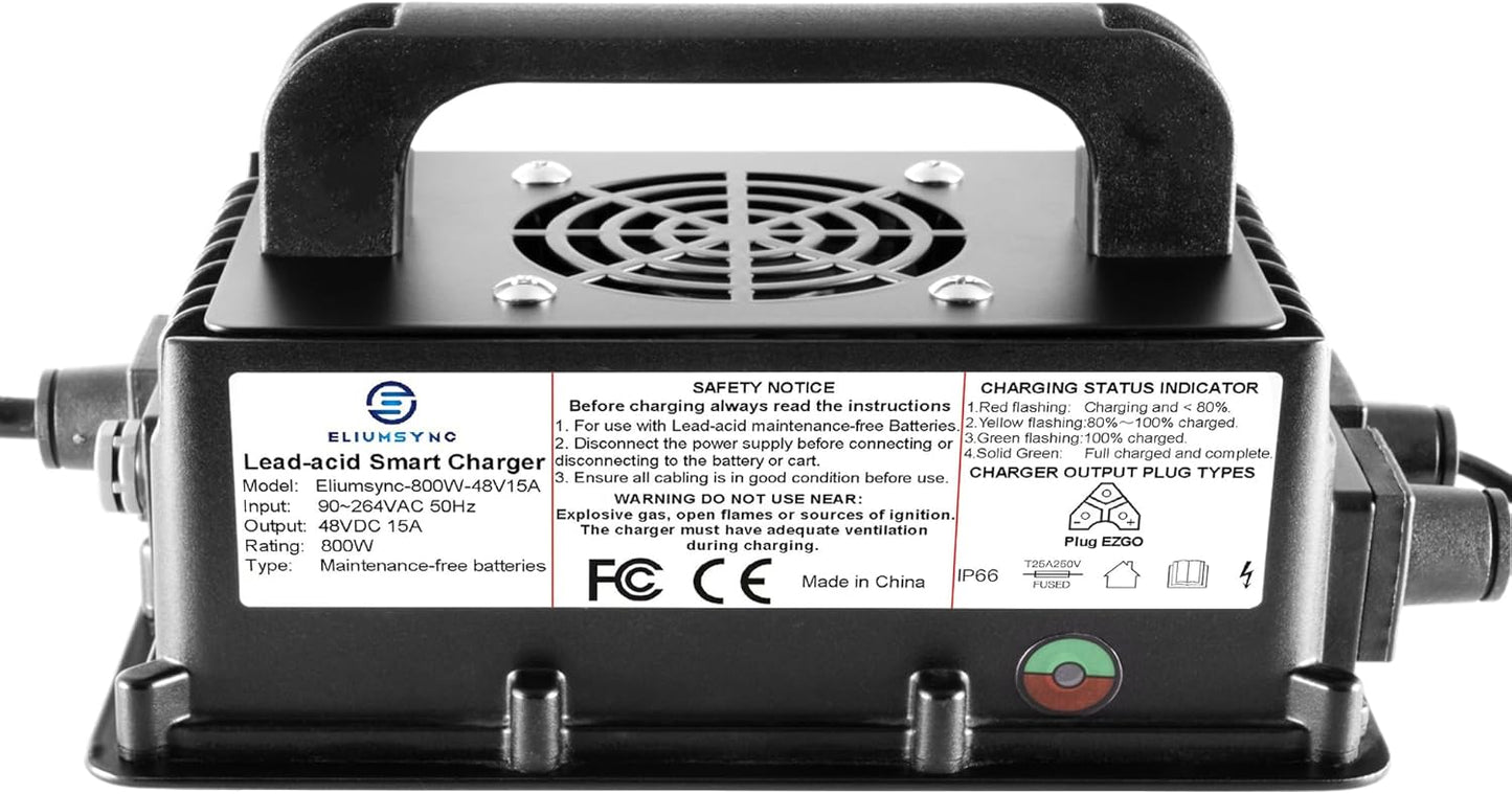 800W Lead Acid Battery Charger 48 Volt 15 AMP 3-Pin Triangular Plug EZGO RXV & TXT Golf Carts
