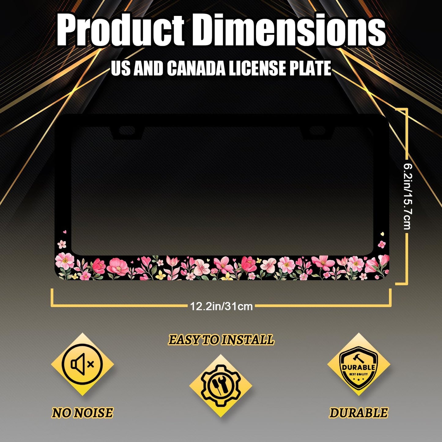 Pink Flowers License Plate Frame Colorful Floral Flower License Plate Stainless Steel Women Accessories Cars Decor 12.2 X 6.2 Inch with 2 Holes and Screws Fits Standard Us Ca Vehicles