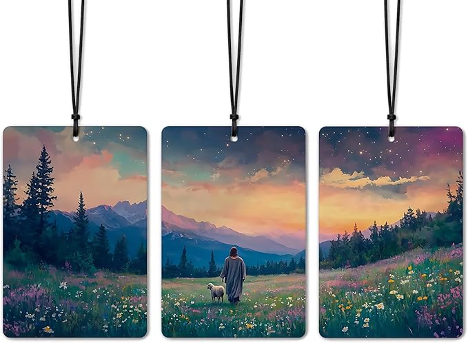 Jesus Christian Car Air Freshener 3 Pcs, Jesus & Lost Sheep on a Wild Flower Field Religious Air Freshener Hanging for Cars Books Closet Drawer,Christian Girly Car Accessories for Women Girls 1