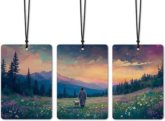 Jesus Christian Car Air Freshener 3 Pcs, Jesus & Lost Sheep on a Wild Flower Field Religious Air Freshener Hanging for Cars Books Closet Drawer,Christian Girly Car Accessories for Women Girls 1