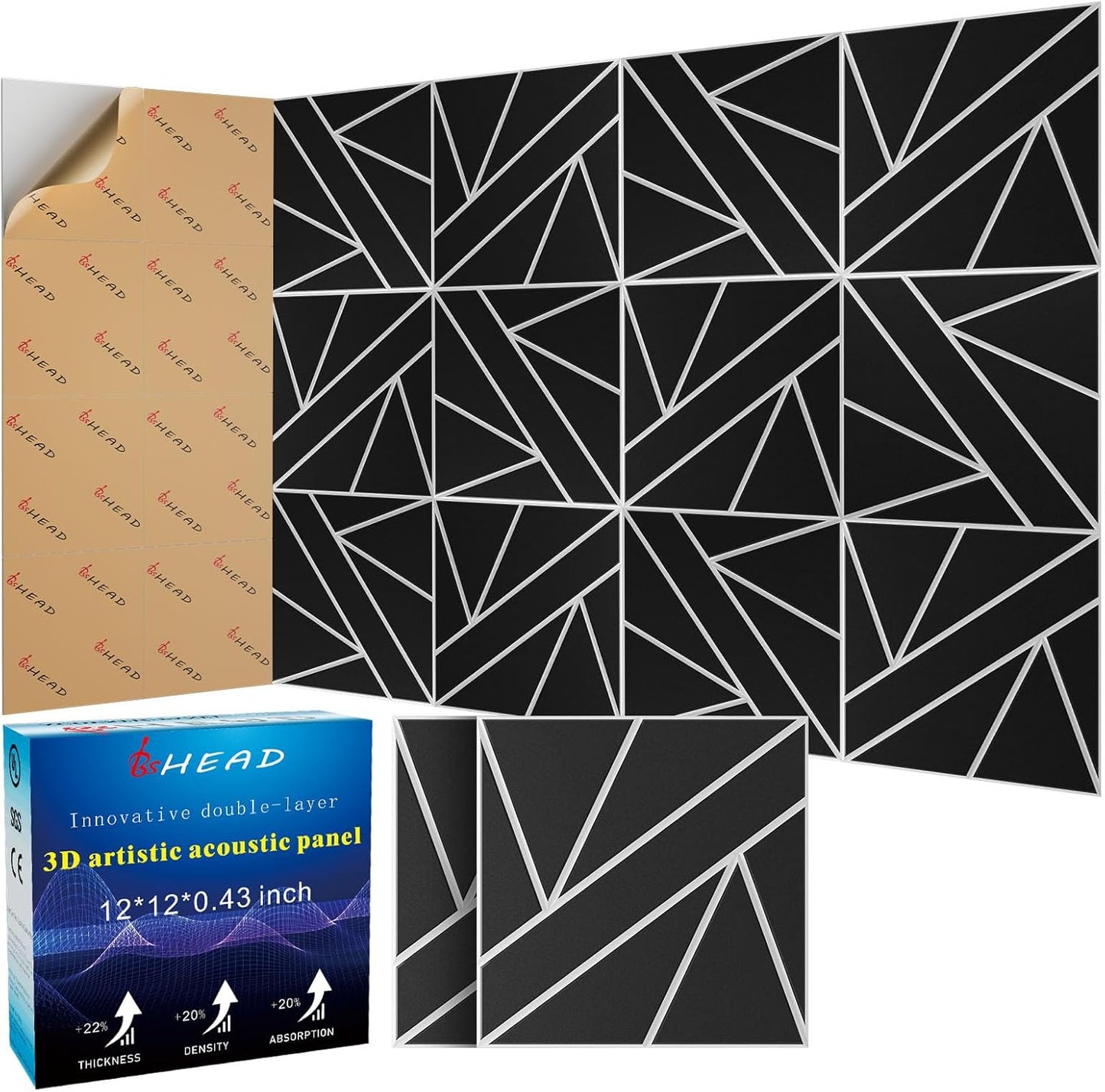 12 Pack 2-Layer Soundproof Wall Panels, 12 x 12 x 0.43 in Sound Proof FoamPanels for Walls, 0.9lb/ft* High Density, Thicker 0.43 in, 3D AcousticPanels,Artistic Noise Dampening Panels Black&White