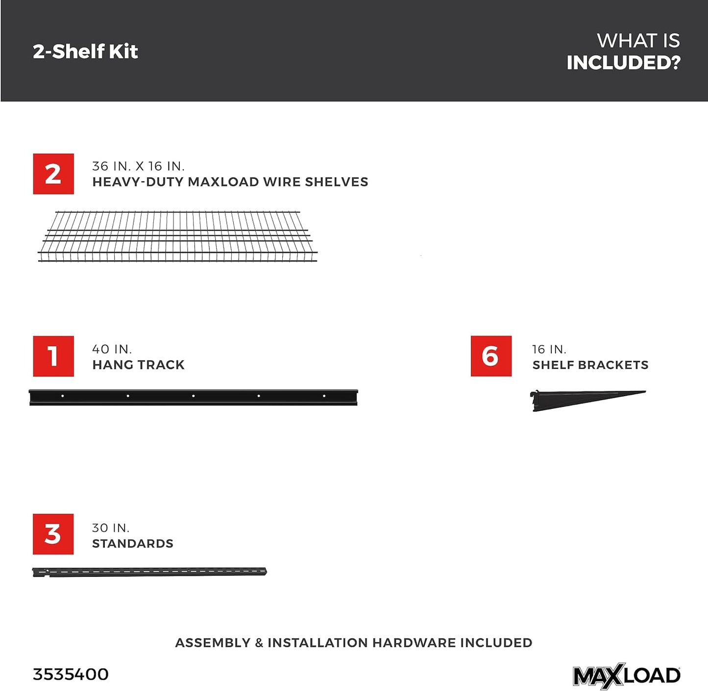 ClosetMaid MaxLoad Heavy Duty Wall Shelf Kit for Garage, 2 Shelves, Adjustable ShelfTrack Wire Shelving, Black Finish