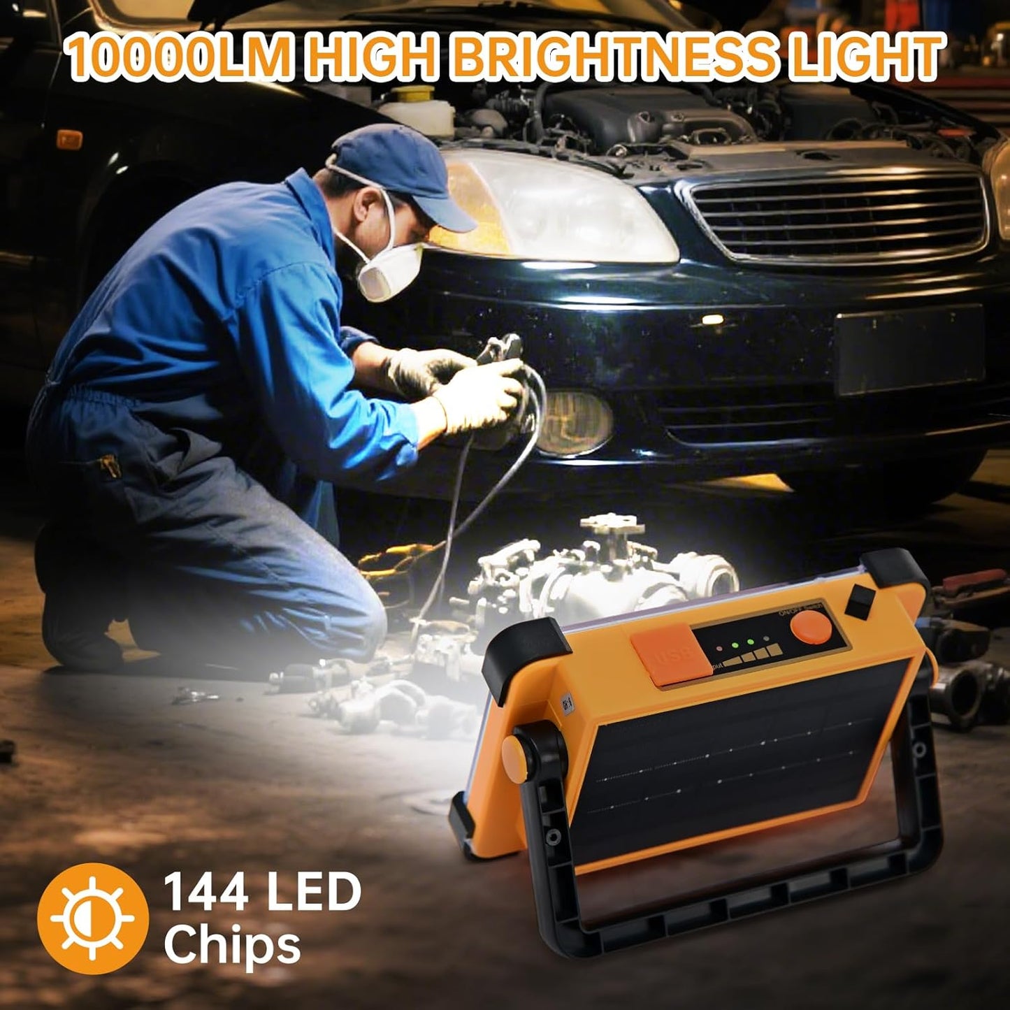 Rechargeable Solar Work Light Portable - IP66 Waterproof Job Site Flashlight with Stand, 10000LM 6600MAh Solar Flood Light for Mechanic, Camping, Car Repair, Fishing, Emergency