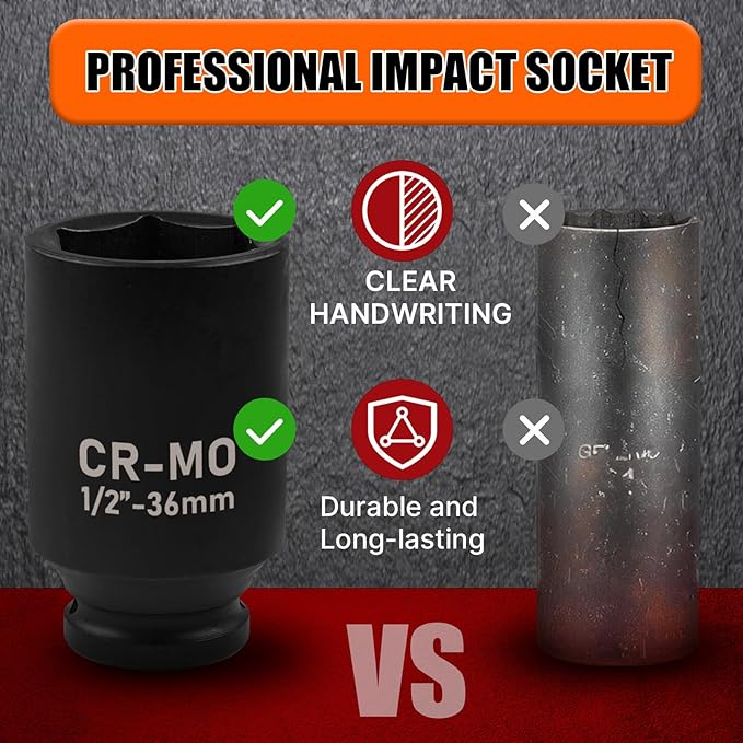 1/2" Drive Deep Impact Socket, 35mm Metric Socket, Axle Nut Socket CR-MO 6 Point for Easy Removal of Axle Shaft Nuts
