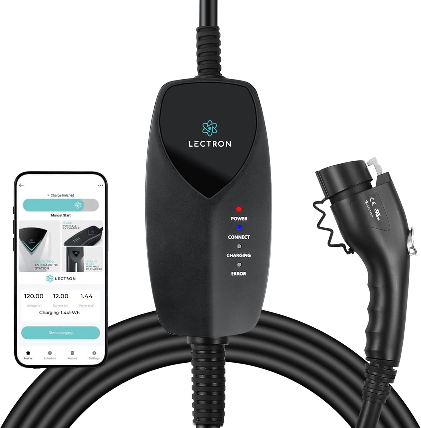 Lectron Level 1 J1772 EV Charger (WiFi) with App Control - 120V, 12 Amp, & 16 ft Cord - Portable Charger for J1772 EVs with NEMA 5-15 Plug - Compatible with All J1772 Evs
