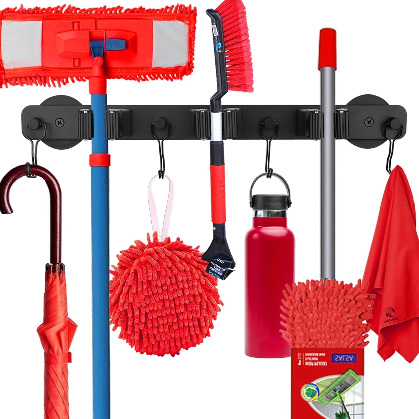 Magnetic Mop Broom Holder,Heavy Duty Movable Magnetic Wall Mount Tool Racks,No Drilling Utility Storage Shovel Hanger for Garage,Closet,Garden,Kitchen,Laundry (4 Hooks 3 Grippers,Black)