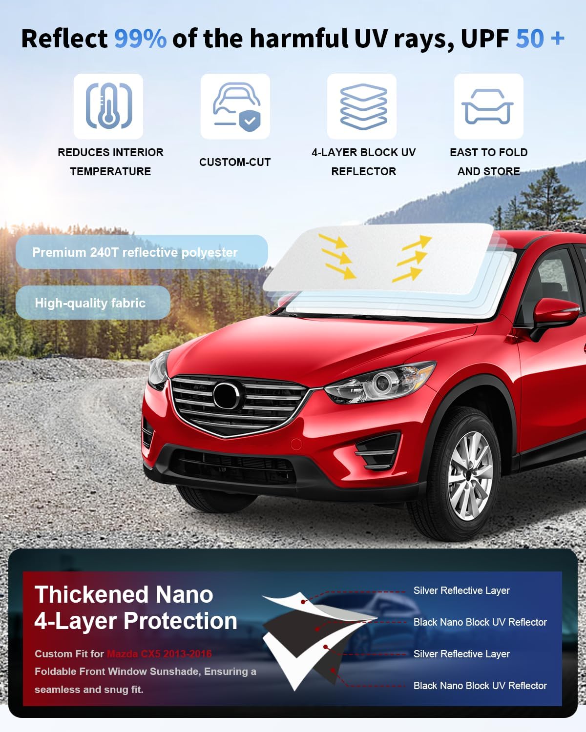 for Mazda CX5 Foldable Windshield Sun Shade for 2016 2015 2014 2013 Mazda CX-5 CX5 Custom-Fit Car Windshield Cover Sunshade UV Protector, Auto Window Shades for Front Windscreen Accessories