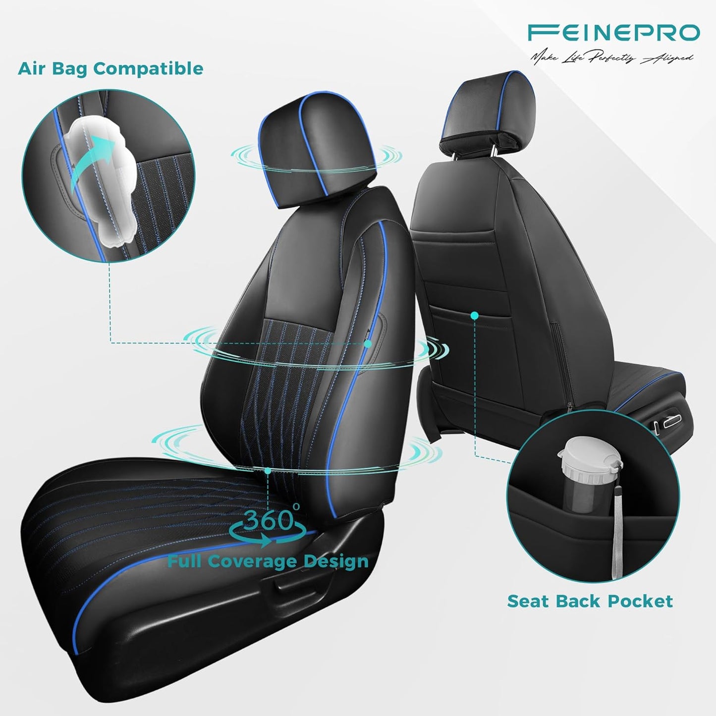 Seat Covers for Honda Civic Sedan LX 2016 2017 2018 2019 2020 2021, Faux Leather Car Seats Cover Full Set (Rear Row Solid & No Folding Backrest)-BlackBlue