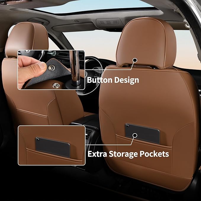 FLORICH Leather Car Seat Covers Full Set, Breathable Waterproof Nappa Leather Seat Covers, Gary Seat Covers, Automotive Interior Cover Universal for Cars SUV Truck Sedan - Light Coffee
