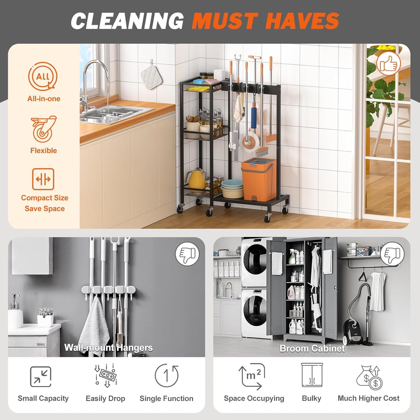 Broom Holder with Cleaning Supplies Organizer, Broom Closet Storage Cabinet with Cleaning Caddy, Cleaning Cart with Mop Hanger Gripper Rack Hooks,Janitorial Cart,Utility Carts Household Essentials