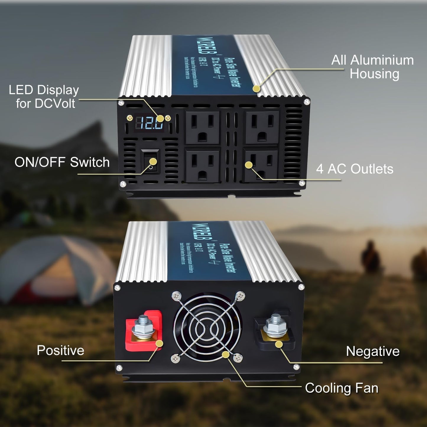 WZRELB 2000W Pure Sine Wave Inverter 48V DC to 110V 120V AC, Car Power Inverter with 4 AC Outlets, LED Display,Off-Grid Portable Power Converter for Home, RV, Truck, Camping