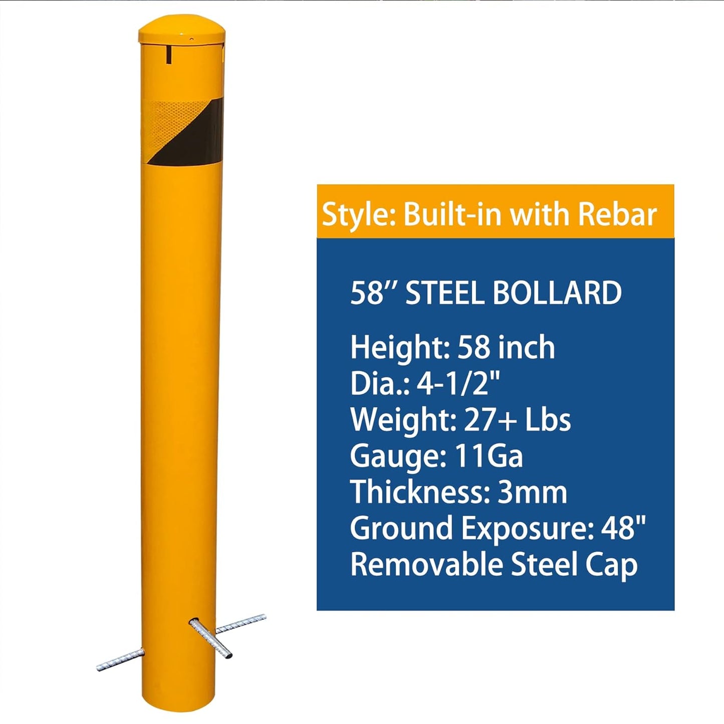 58" High 4-1/2" OD Steel Bollard Post Underground Mount, Cap Removable Safety Bollard Yellow Powder Coat, Metal Bollard Parking, Safety Barrier