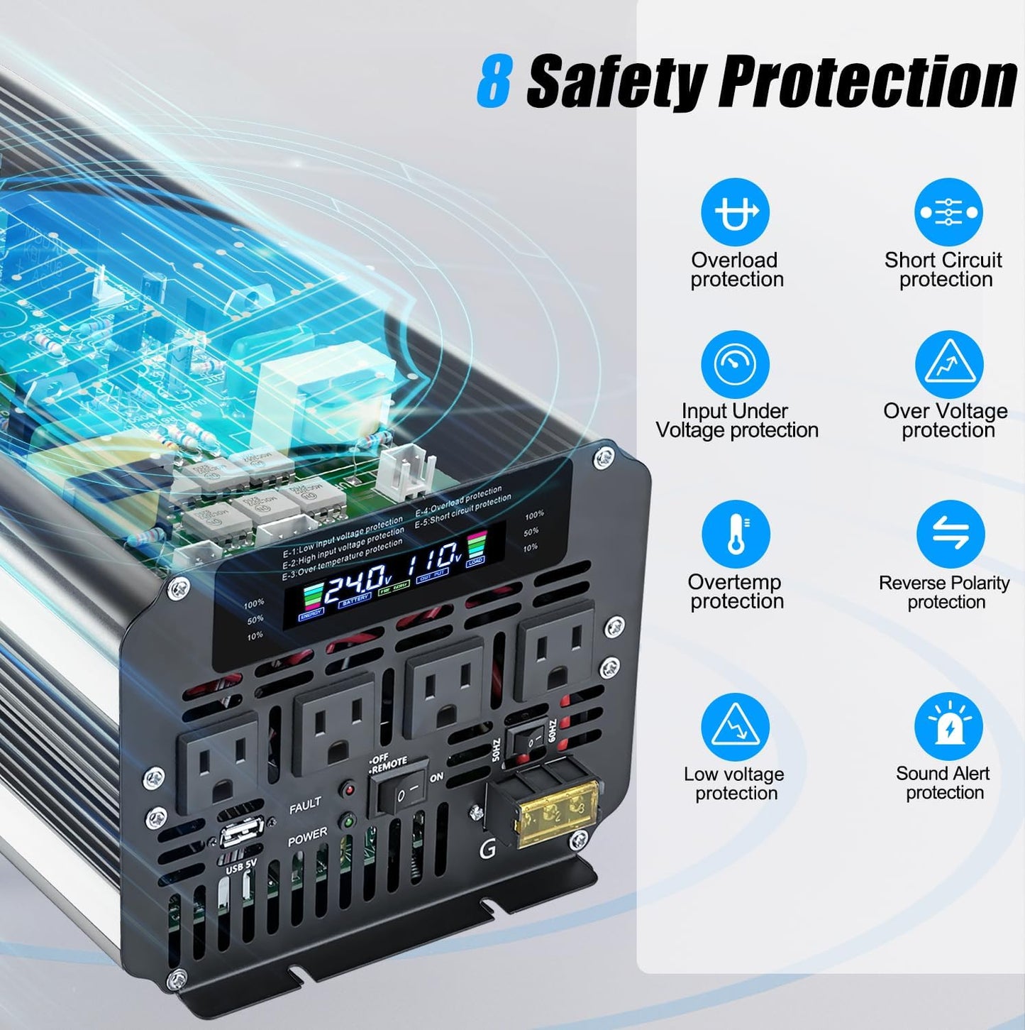 5000W Power Inverter 24V to 110V/120V DC to AC with LCD Display, Remote Controller and 4 x AC Outlets Car Adapter for Car Truck Boat RV Off Grid Solar System