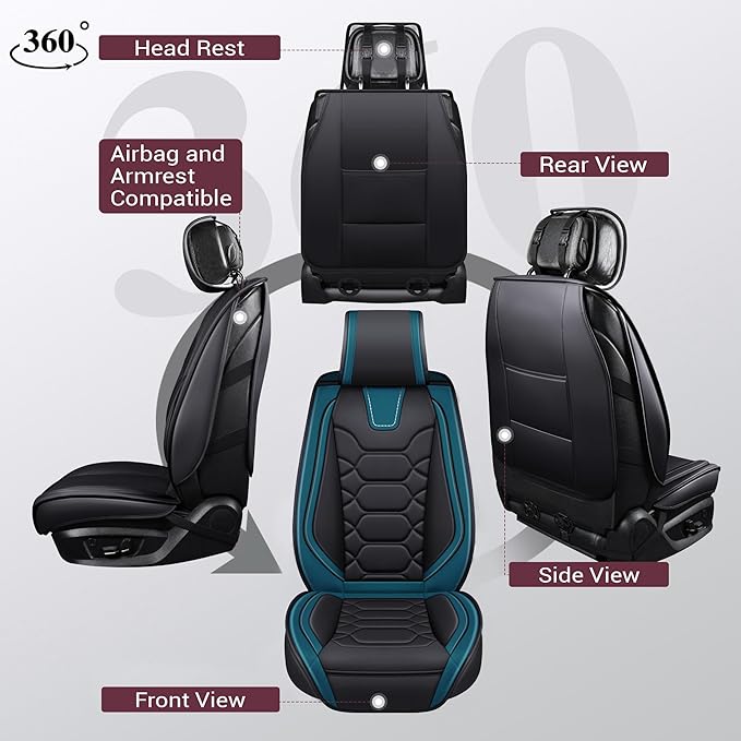 OASIS AUTO Car Seat Covers Front Seats, Waterproof Faux Leather Seat Covers for Cars Universal Fit for SUV, Truck, Sedan, Black Premium Car Seat Protector with Cushions (OS-004 Black&Teal)