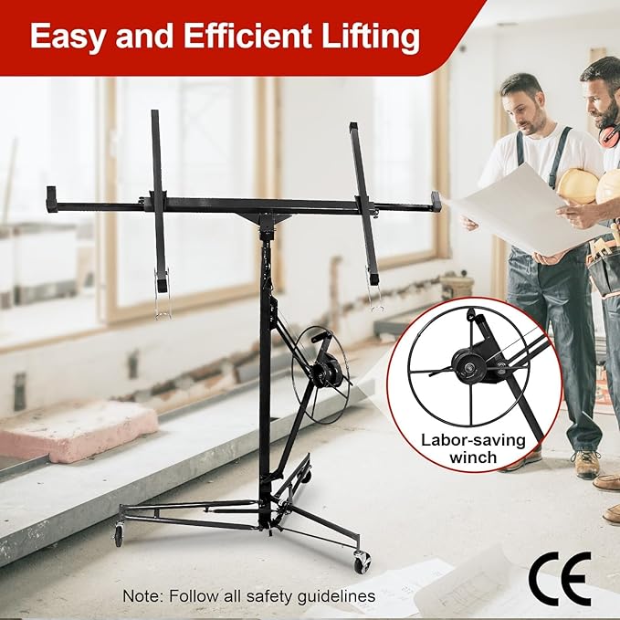 11FT Drywall Lift Sheetrock Lift, 150LBS Capacity, Drywall Lift Panel Hoist with Telescopic Arm, Drywall Jack Lift with 3 Lockable Wheels for Home Improvement, 4'x16' Panel Size, Black