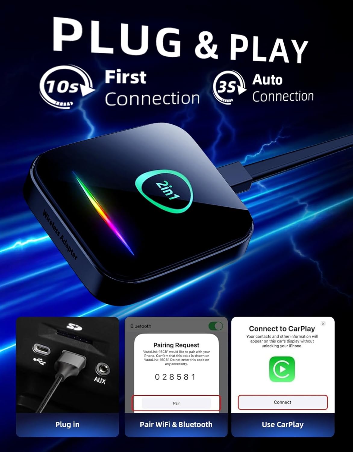 Wireless CarPlay Adapter for Apple iPhone & Android Auto, Plug & Play Dongle with Fast Connection, No Delay, Wide Compatibility for Cars 2016+