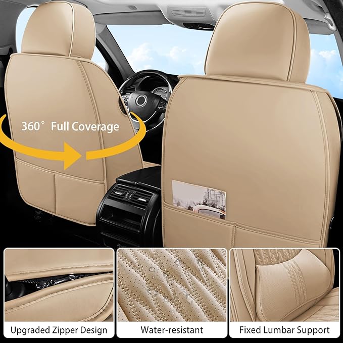 WELLDO Car Seat Covers Full Set,Nappa Leather Seat Covers for Car, Waterproof Car Seat Protector with Lumbar Support, Automotive Seat Covers Universal Fit for Most Cars SUV Truck,Beige