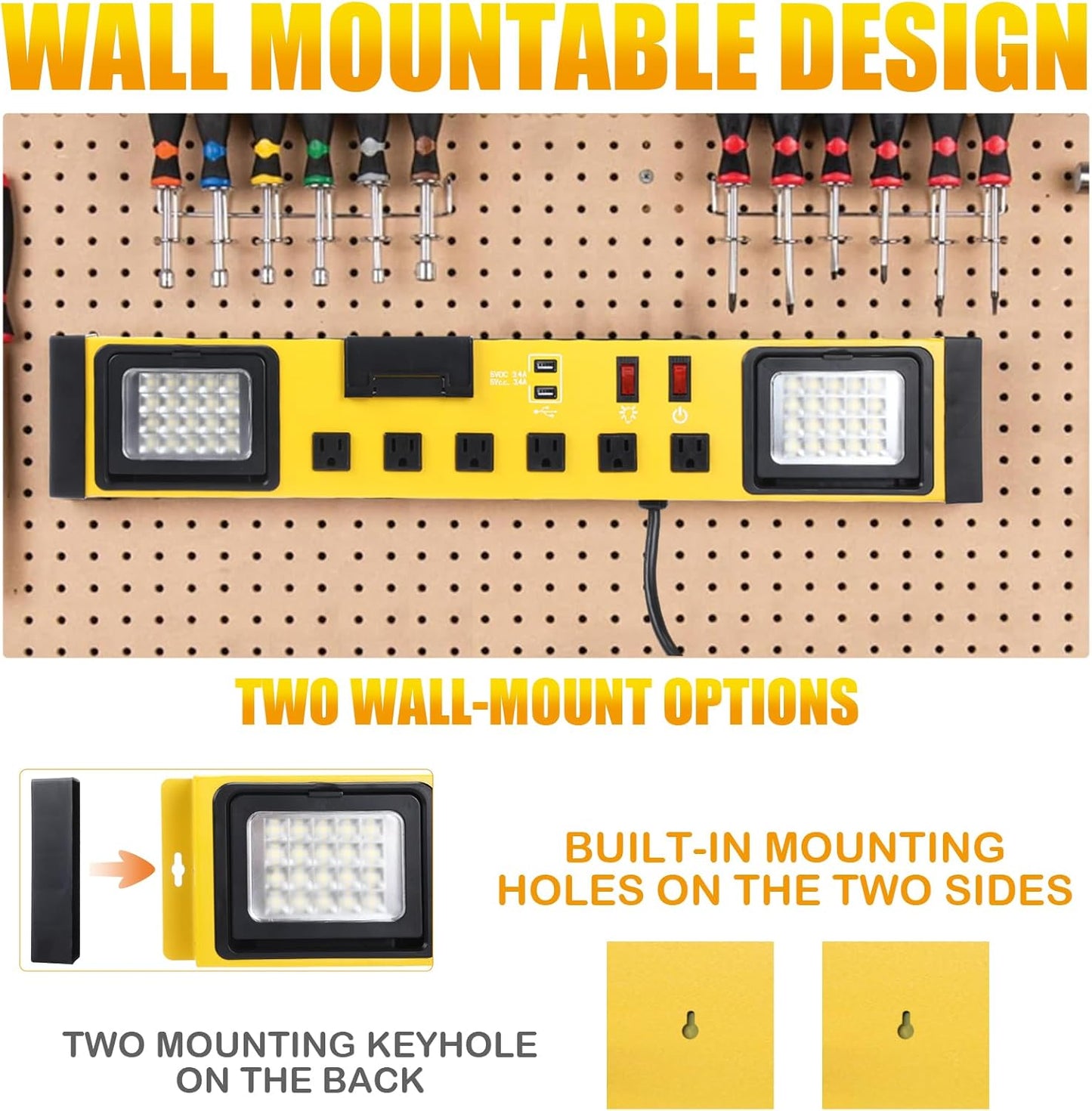 6 Outlets Power Strip with LED Worklight, Metal Heavy Duty Wall Mount Workbench Power Strip with 6FT 14/3 AWG Cord, 2 USB Ports, 15A Circuit Breaker for Home Office Garage Workshop