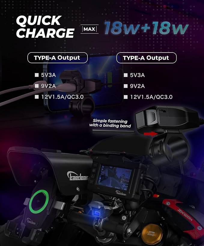 KAEDEAR Motorcycle USB Power Supply, Waterproof, Dual Ports, SAE DC 12V Fuse, Power Switch, Type A + Type A, Super Fast Charging 5V/9V/12V, Light-Guided USB Charger KDR-M3-AA