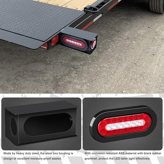2 Pcs Trailer Light Steel Boxes Housing Kit with w/6" Oval Red/White LED Tail Lights and w 2" Round Red LED Side Lights, Included Grommets Wire Connectors(2 with Boxes)