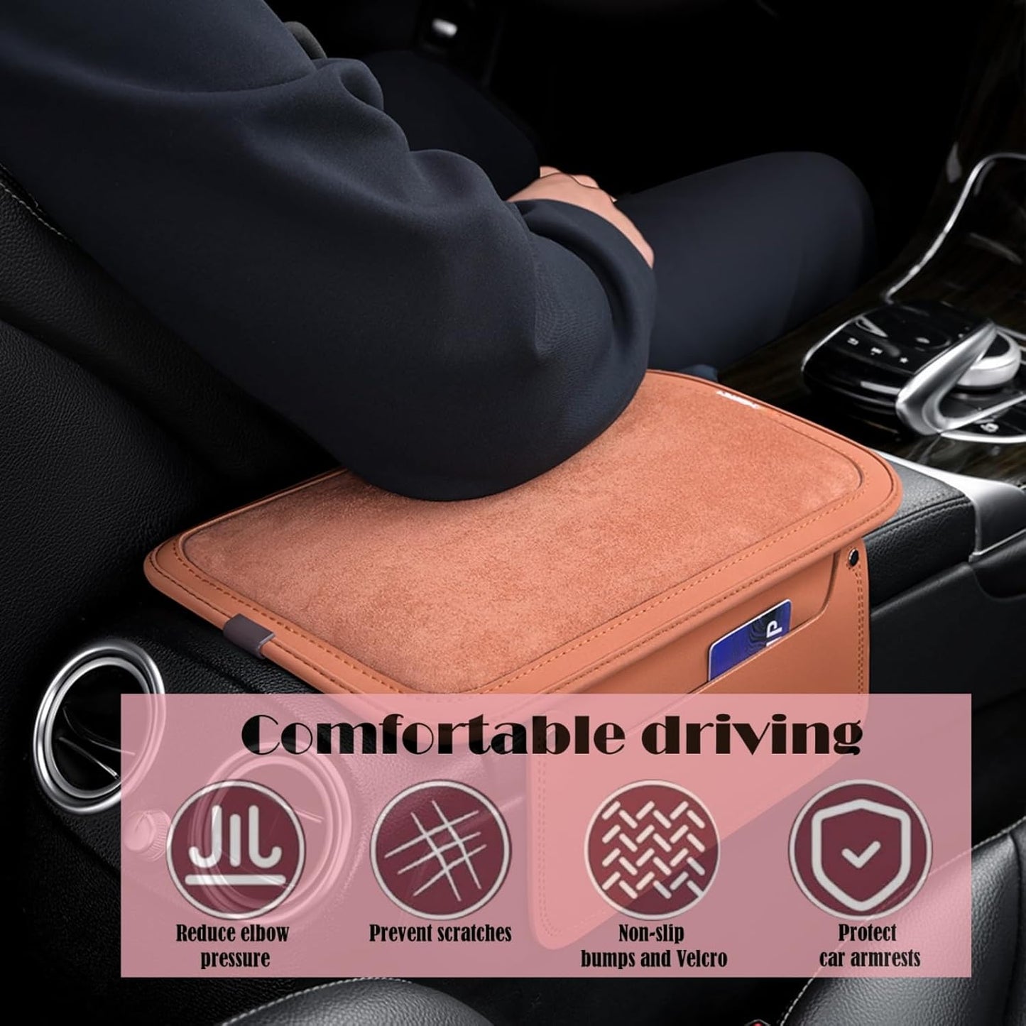 Arm Rest Cover for Car with 2 Storage Bags, Central Console Cover Armrest Pad, Suede Leather, Auto Interior Accessories for Most Vehicles, All-Season Comfort, Black