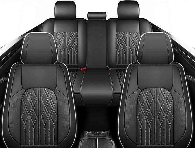 Huidasource Rear Seat Covers, Waterproof Faux Leather Rear Split Bench Car Seat Covers, Universal Fit Automotive Back Seat Covers for Most Cars Sedan SUV Pickup Truck (Back Row/Black&White)