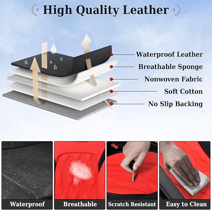 Coverado Car Seat Cover Full Set, Leather Seat Covers for Front and Rear, Waterproof Seat Covers 5 Seats, Luxury Car Seat Protectors Driver Seat Cushions Universal for Most Vehicles, Red