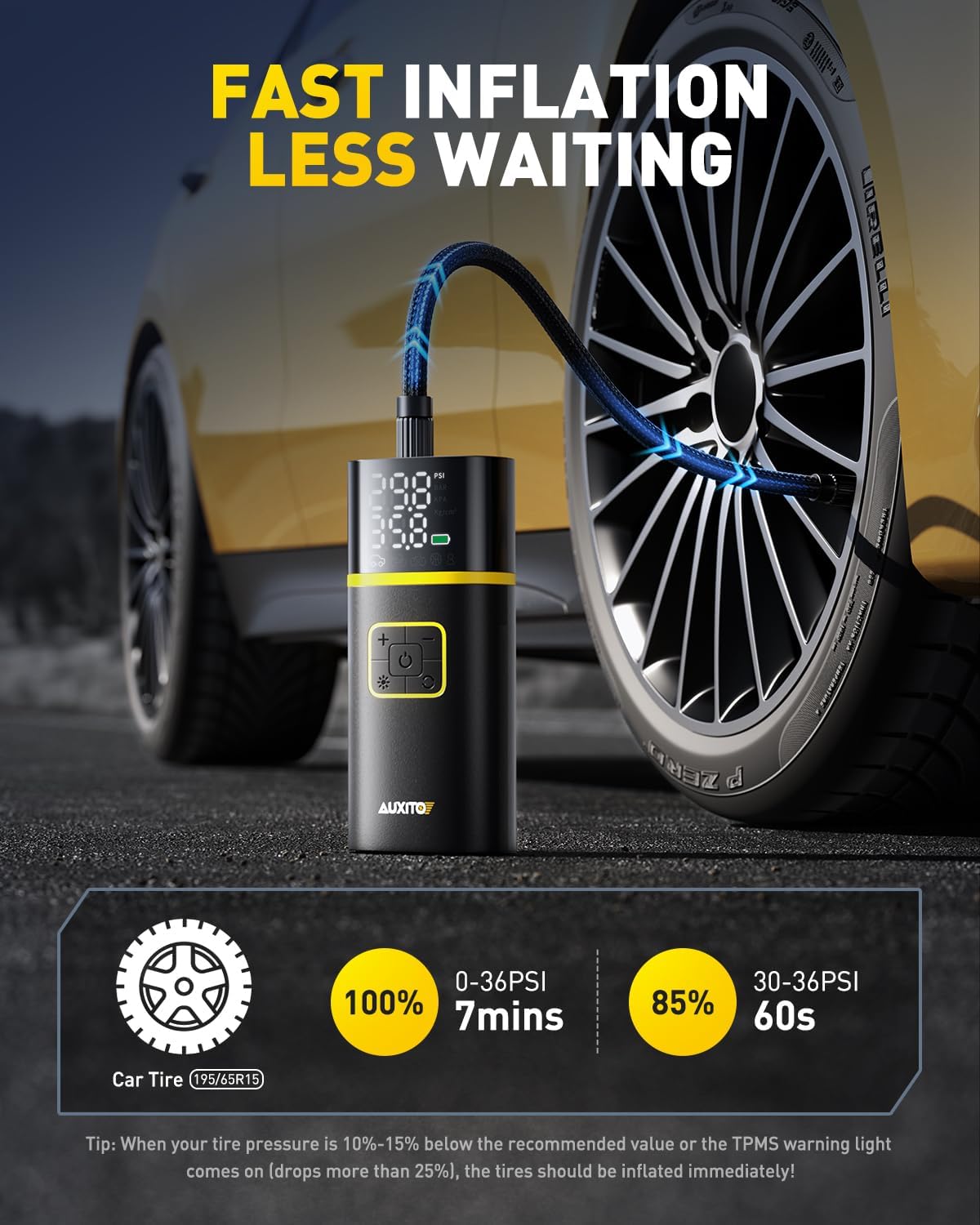 AUXITO Tire Inflator Portable Air Compressor - 150PSI 1Min Fast Inflate Air Pump for Car Tires with Tire Pressure Gauge, LED Flashlight, Portable Tire Inflatores for Car, Sedan, Motorcycle, Bike, Ball