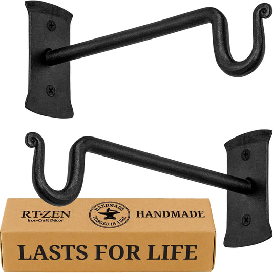 RTZEN Plant Hangers Outdoor or Indoor - Wrought Iron Metal Hanger Indoor Hook - Heavy Duty Wall Bracket Hooks for Hanging Plants Baskets Lanterns Wind Chimes - 2 Pack (Black Shepherds Hooks)