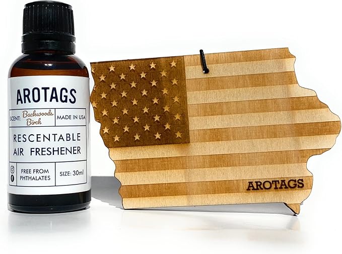 Arotags Car Air Freshener - Reusable Wood Diffuser - Hanging Odor Eliminator - Iowa Patriot - Balsam & Cedar Scent