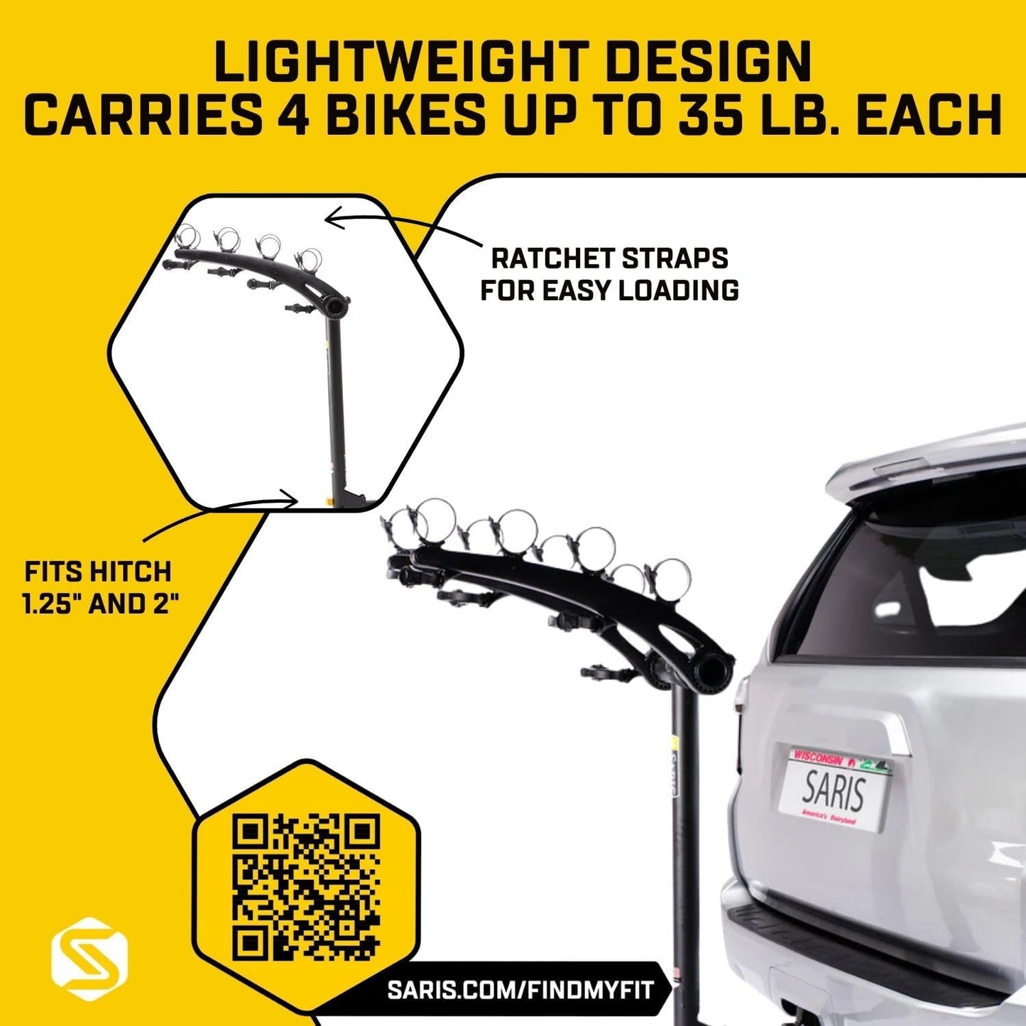 Saris Bones 4-Bike Hitch Rack Bicycle Carrier, with Easy Fold Design and Tilting Base