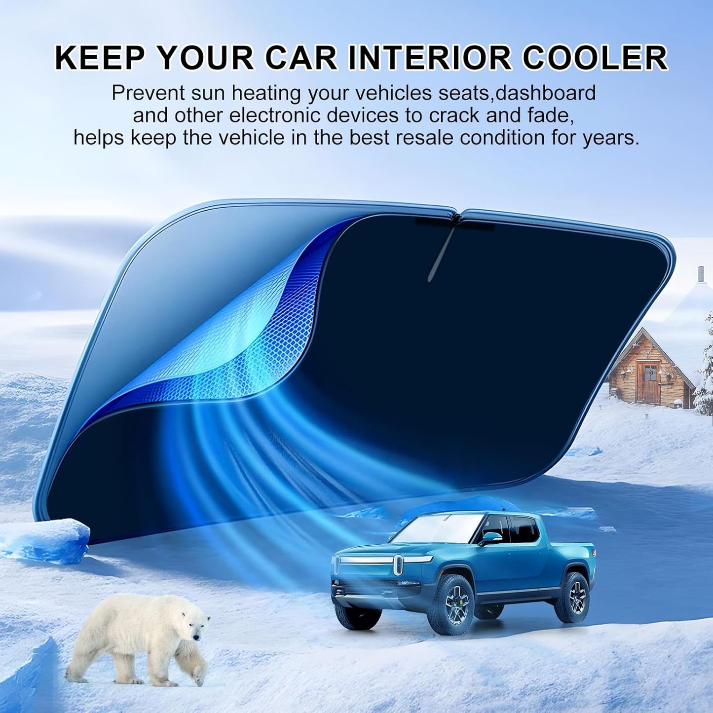 T TGBROS Windshield Sun Shade Custom Fit for 2022-2023 2024 2025 Rivian R1T Accessories Foldable Sun Shield Reflective Polyester Sun Visor Cover Block Heat and Sun Protection