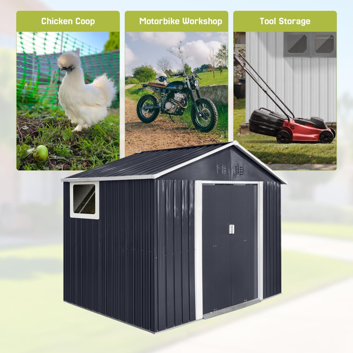 9.1' x 6.4' Outdoor Storage Shed, Sturdy Metal Building w/Windows & Lockable Doors for Garden, Backyard, Poolside and Lawn, Anthracite
