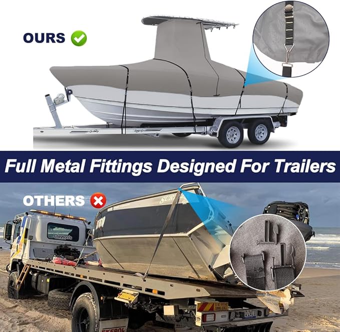 900D Marine Grade Fade and Tear Resistant Trailerable T-Top Boat Cover, Heavy-Duty Waterproof and UV-Proof T TOP Boat Storage Cover with Windproof Metal Buckle Straps Fit 22ft-24ft Long(Gray)