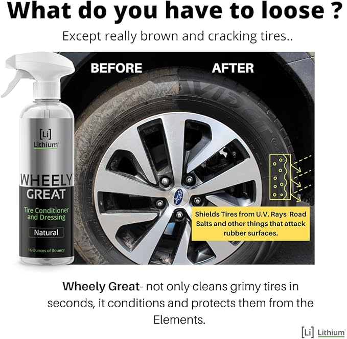 Wheely Great Tire Dressing Spray - Protects Rubber from U.V. Rays - Rubber Tire Conditioner So It Won't Dry Out and Crack - Keeps Tires Black, Not Shiny - Removes Brown Film from Sidewalls