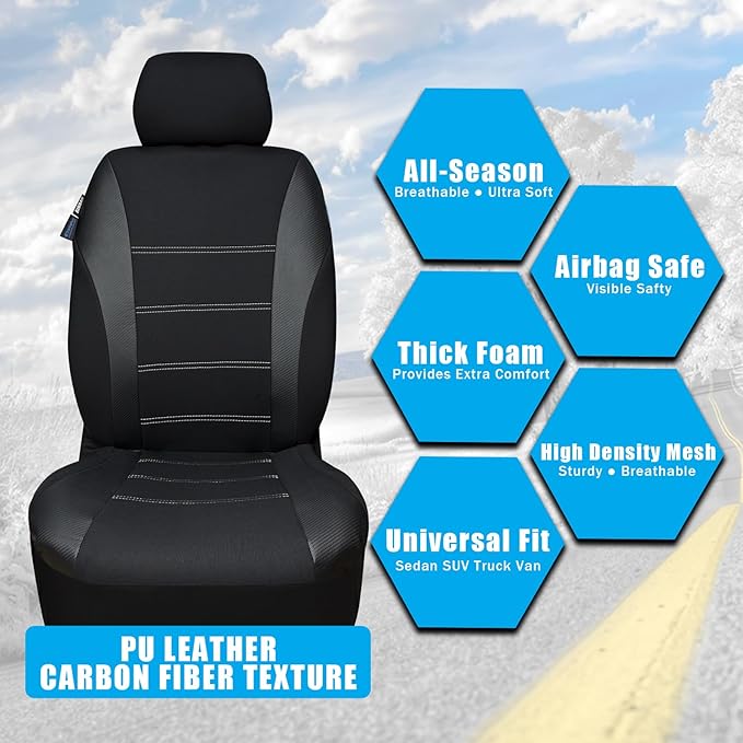 Champlus Car Seat Covers, Carbon Fibre and Durable Breathable Mesh 2 Front Bucket Seat Covers, Universal Fit Automotive Sedan Cars, SUVs, Trucks, Mini Vans, Airbag Compatible, Easy to Install