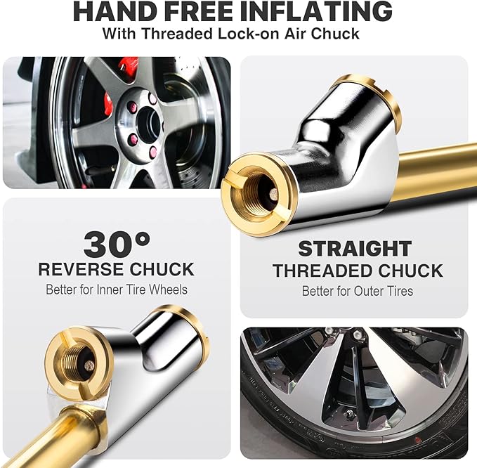 12" Extended Reach Dual Head Air Chuck, 2-Way Connection 1/4" FNPT Straight Foot Lock On Tire Inflate Chuck, Tire Chuck w/Quick Plug, Air Compressor Fill Kit for Truck RV Semi Dually Tires