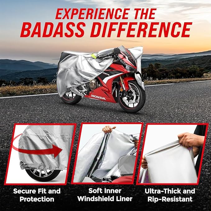 Badass Moto Ultimate Motorcycle Cover Waterproof Outdoor, Heavy Duty Motorcycle Cover for Harleys - Motorcycle Sun Cover, Fits Harley Davidson Motorcycle Covers, Street or Sportbike Cover