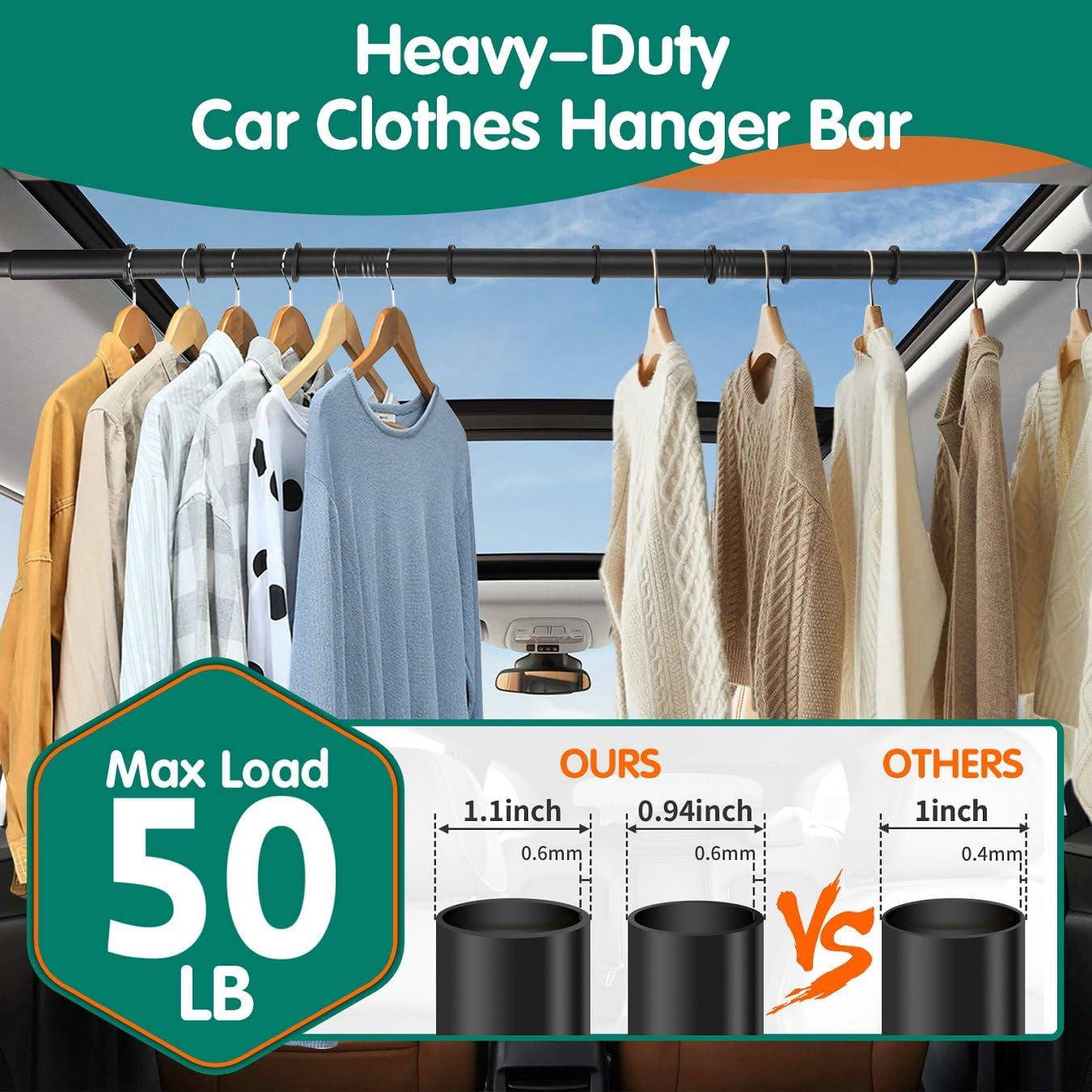 Car Clothes Hanger Bar, Heavy Duty Telescopic Clothes Rod for Cars 30–62 Inches, Wrinkle Free Clothes Rack for Sedans, SUVs, Trucks, and Most Other Vehicles, Suitable for Daily and Travel Use