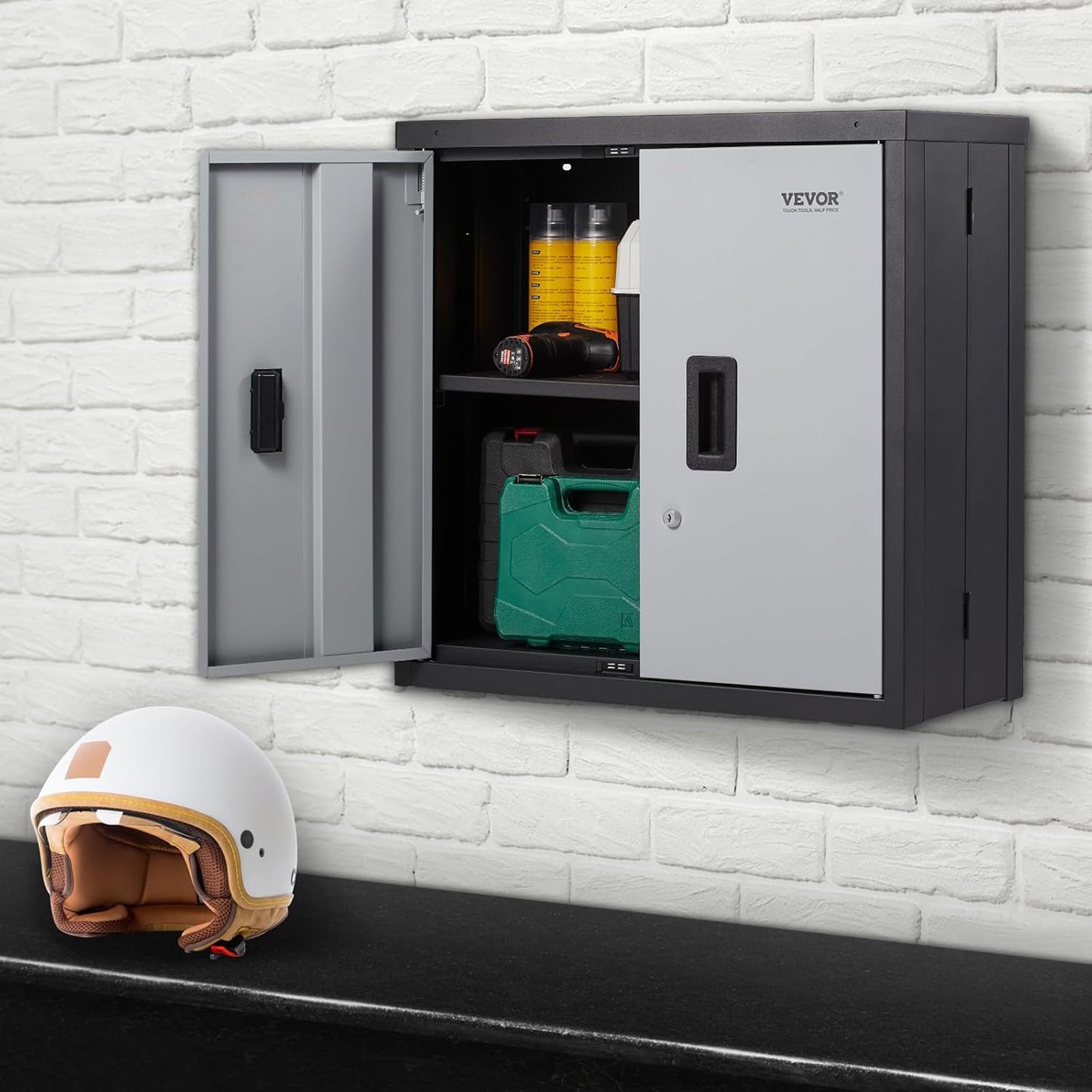 VEVOR Foldable Wall Cabinet, Metal Garage Locker Mounted 26" Small Tool Chest 240 LBS Loading Capacity Adjustable Shelf Magnetic Door File for Warehouse Office Home Black