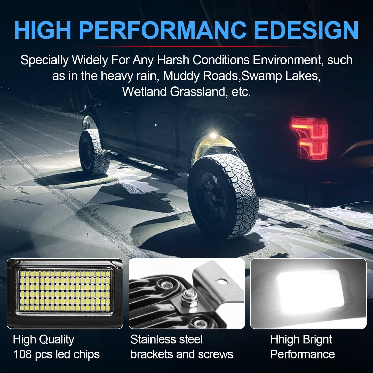 Nicoko 108 High-Power LEDs per Pod 4Pods Pure White Rock Lights Ultra-Bright Offroad Underglow Kit Advanced Heat Dissipation IP68 Waterproof for Truck, SUV, UTV, ATV, RZR