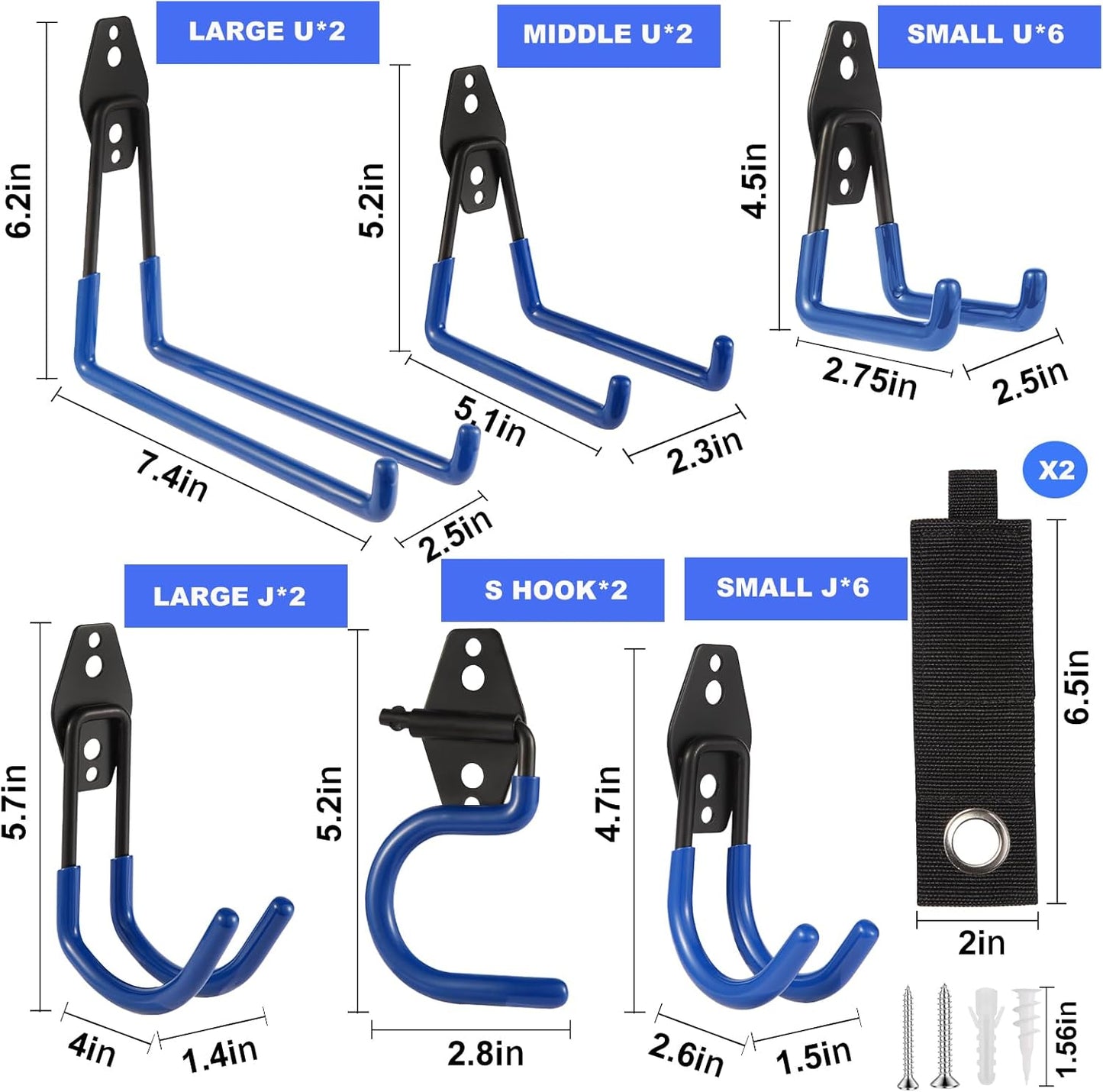Garage Hook Heavy Duty Wall Storage Hangers, 22 Pack Garage Storage Hooks Steel Tool Blue for Ladders, Ropes, Garden Tools