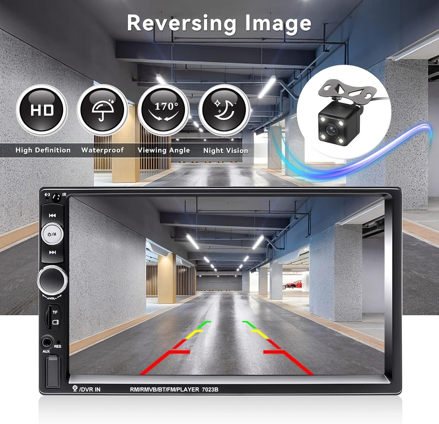 CAMECHO 7" Double Din Car Stereo Audio Bluetooth MP5 Player USB FM Multimedia Radio+ 4 LED Mini Backup Camera with Steering Wheel Remote Support Mobile Phone Synchronization (Used in Android/iOS)