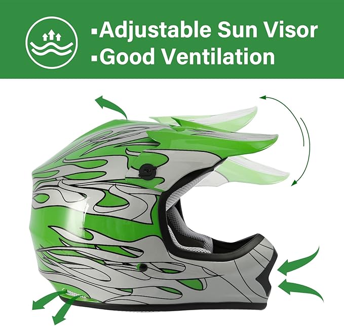 XFMT DOT Youth Kids Motocross Offroad Street Dirt Bike Helmet Youth Motorcycle ATV Helmet with Goggles Gloves Green Flame XL