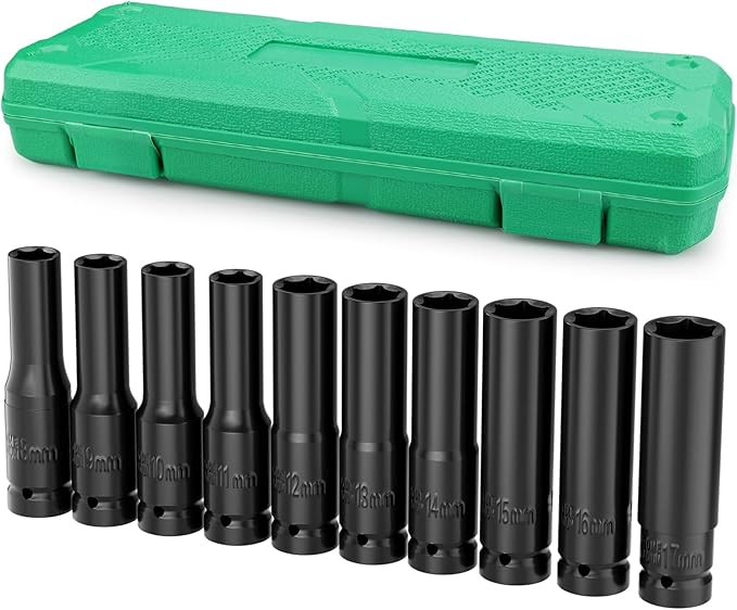 Lytool 10 Pieces 1/2" Drive Deep Impact Socket Set, Metric,Cr-V Steel, 6-Point, 8mm to 17mm, with Storage Cage