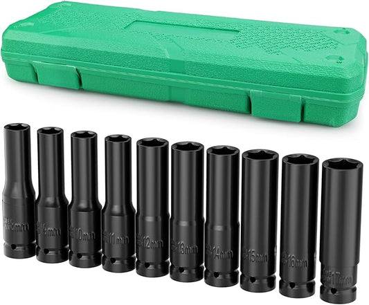 Lytool 10 Pieces 1/2" Drive Deep Impact Socket Set, Metric,Cr-V Steel, 6-Point, 8mm to 17mm, with Storage Cage