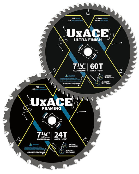 7-1/4-Inch 24&60-Tooth Circular Saw Blade with 5/8-Inch Arbor, Framing & Ultra Finish Wood Cutting, Carbide Tip, Thin Kerf, for Plywood, MDF, OSB, Laminated, 2 Pack