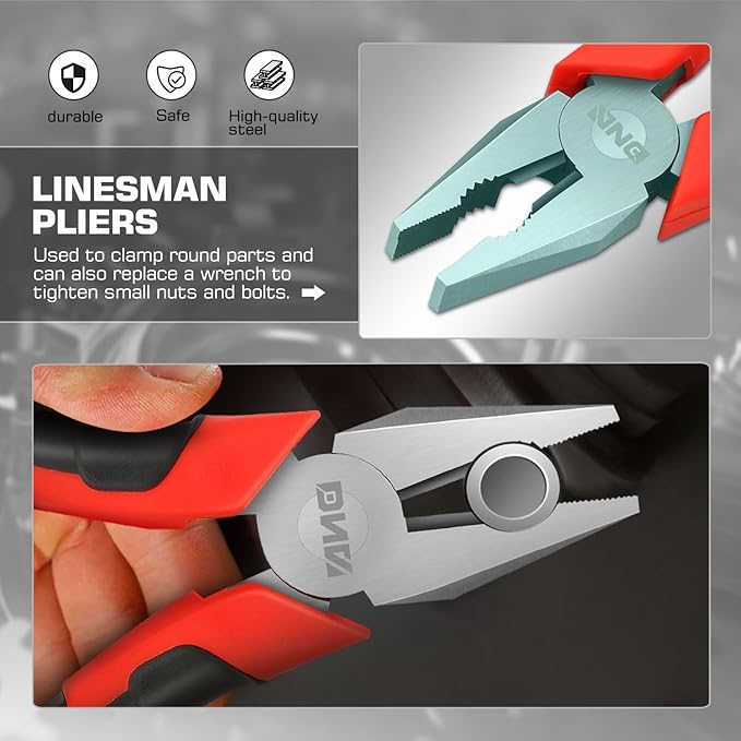 DNA Motoring TOOLS-00063 3 Piece Pliers Set – 6.5 inch Linesman Pliers w/Durable Jaws, Milled Teeth, Hot-Riveted Joint