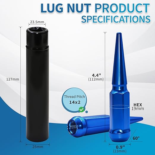 M14X2.0 Blue Wheel Spike Lug Nuts, 24 PCS Lug Nut Accessories with 1 Socket Key, Thread Spiked 4.4" Long Closed End Nuts Compatible with 2004-2014 F150, 2003-2014 Expedition